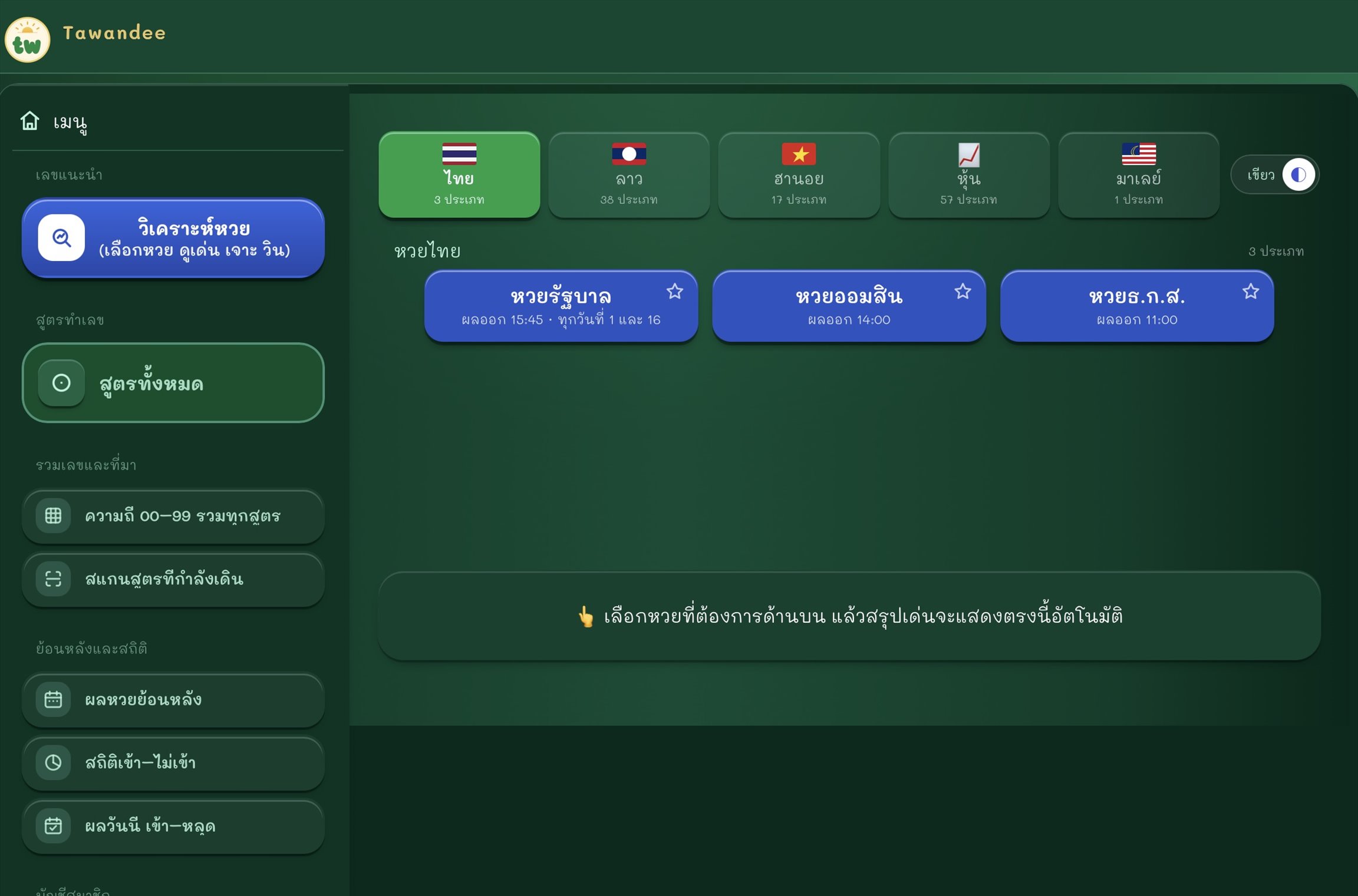หน้าแรกของ Tawandee บนคอมพิวเตอร์: แถบเมนูซ้ายมีวิเคราะห์หวย สูตรทั้งหมด ความถี่ 00–99 รวมทุกสูตร สแกนสูตรที่กำลังเดิน ผลหวยย้อนหลัง สถิติเข้า–ไม่เข้า และผลวันนี้ เข้า–หลุด ด้านขวาเป็นแท็บกลุ่มหวย ไทย 3 ประเภท ลาว 38 ประเภท ฮานอย 17 ประเภท หุ้น 57 ประเภท มาเลย์ 1 ประเภท เลือกหวยไทยแล้วแสดงหวยรัฐบาล หวยออมสิน หวยธ.ก.ส. พร้อมเวลาผลออก (โหมดเขียว)