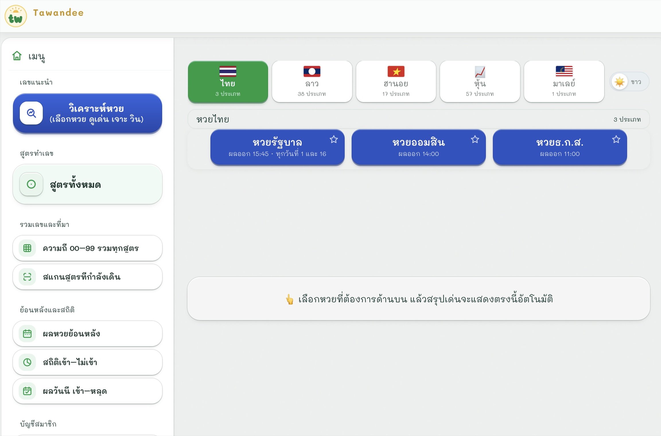 หน้าแรกของ Tawandee บนคอมพิวเตอร์: แถบเมนูซ้ายมีวิเคราะห์หวย สูตรทั้งหมด ความถี่ 00–99 รวมทุกสูตร สแกนสูตรที่กำลังเดิน ผลหวยย้อนหลัง สถิติเข้า–ไม่เข้า และผลวันนี้ เข้า–หลุด ด้านขวาเป็นแท็บกลุ่มหวย ไทย 3 ประเภท ลาว 38 ประเภท ฮานอย 17 ประเภท หุ้น 57 ประเภท มาเลย์ 1 ประเภท เลือกหวยไทยแล้วแสดงหวยรัฐบาล หวยออมสิน หวยธ.ก.ส. พร้อมเวลาผลออก