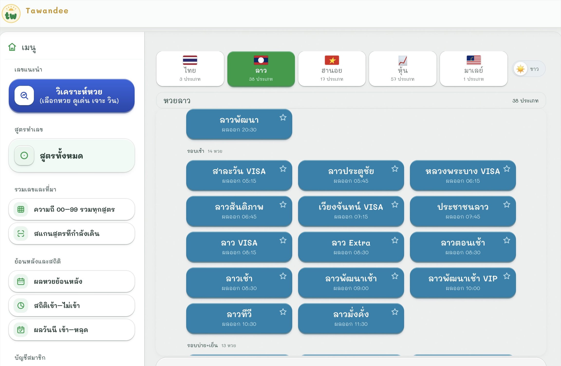 หน้ารายชื่อหวยลาวของ Tawandee 38 ประเภท ลาวพัฒนาปักไว้บนสุด ตามด้วยรอบเช้า 14 หวย เช่น สาละวัน VISA ลาวประตูชัย หลวงพระบาง VISA ลาว Extra ลาวพัฒนาเช้า VIP แล้วต่อด้วยรอบบ่ายบวกเย็น 13 หวย พร้อมเวลาผลออกทุกปุ่ม