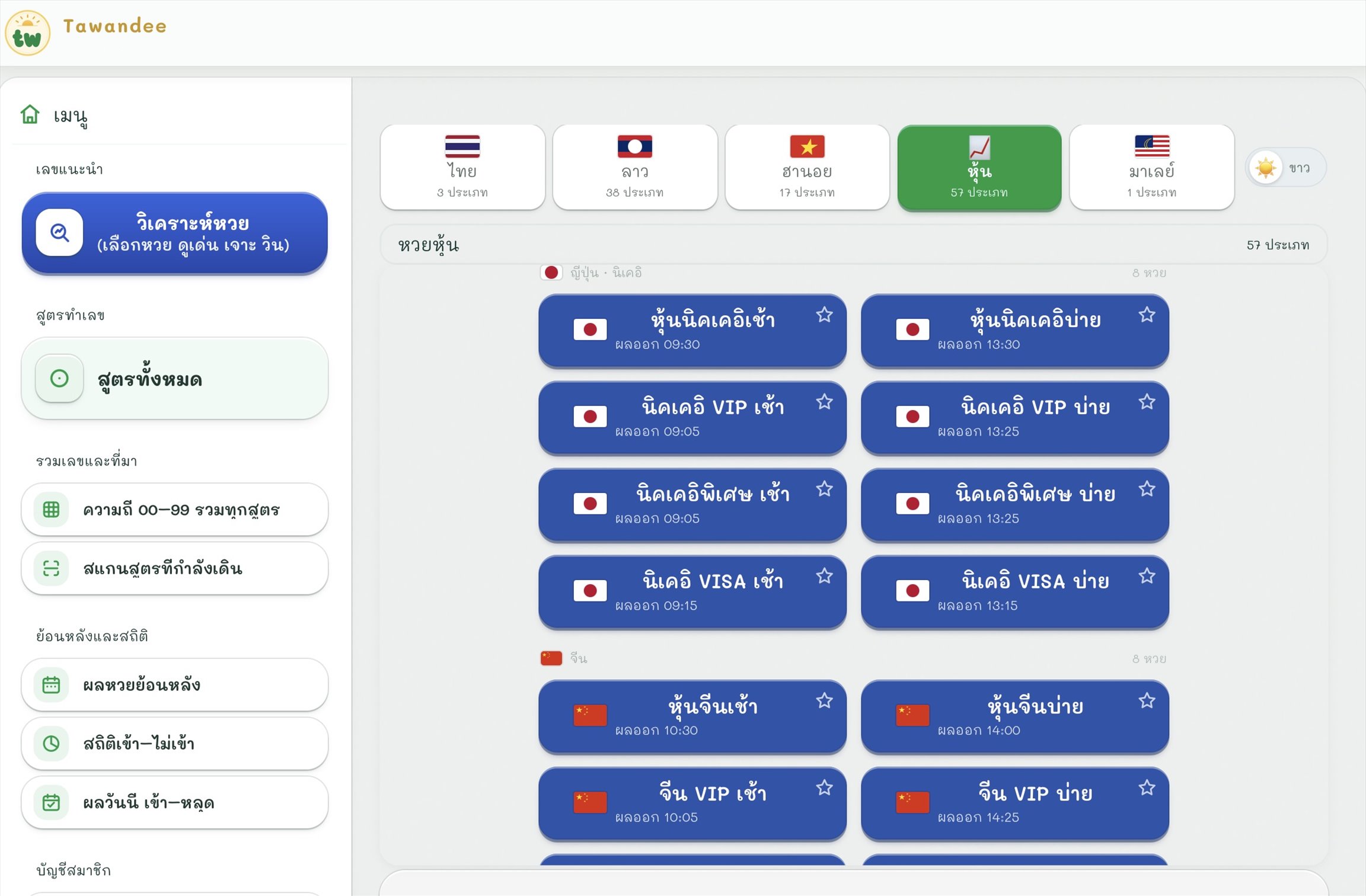 หน้ารายชื่อหวยหุ้นของ Tawandee 57 ประเภท แบ่งตามตลาด เช่น ญี่ปุ่น นิเคอิ 8 หวย และจีน 8 หวย เรียงรอบเช้าคู่กับรอบบ่ายของตลาดเดียวกัน ทุกปุ่มบอกเวลาผลออก